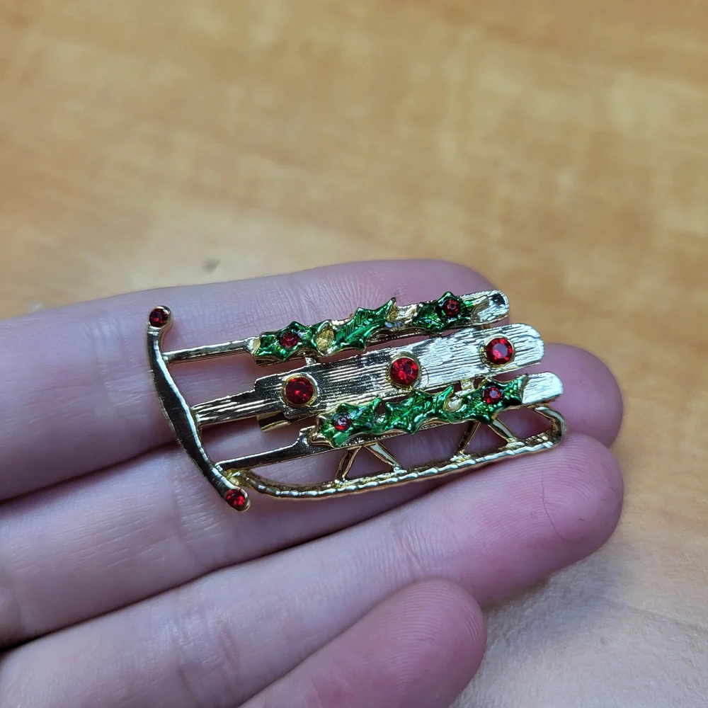 Gold and Green Holiday Sled Brooch
